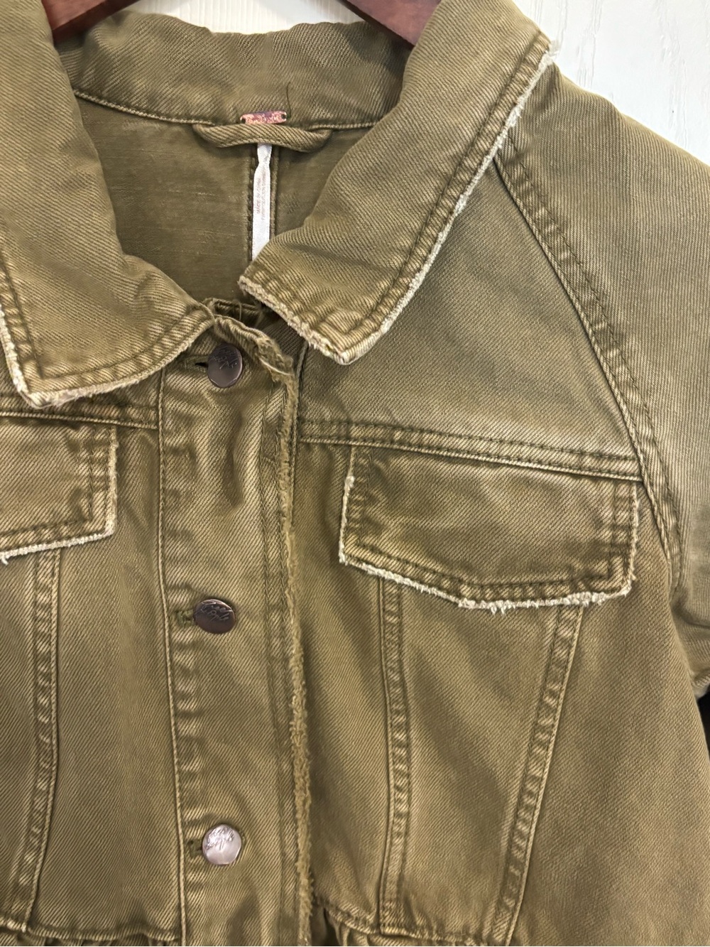 Free People Olive Ruffle Hem Denim Jacket Lace‑Up Cuffs XS - Picture 5 of 13